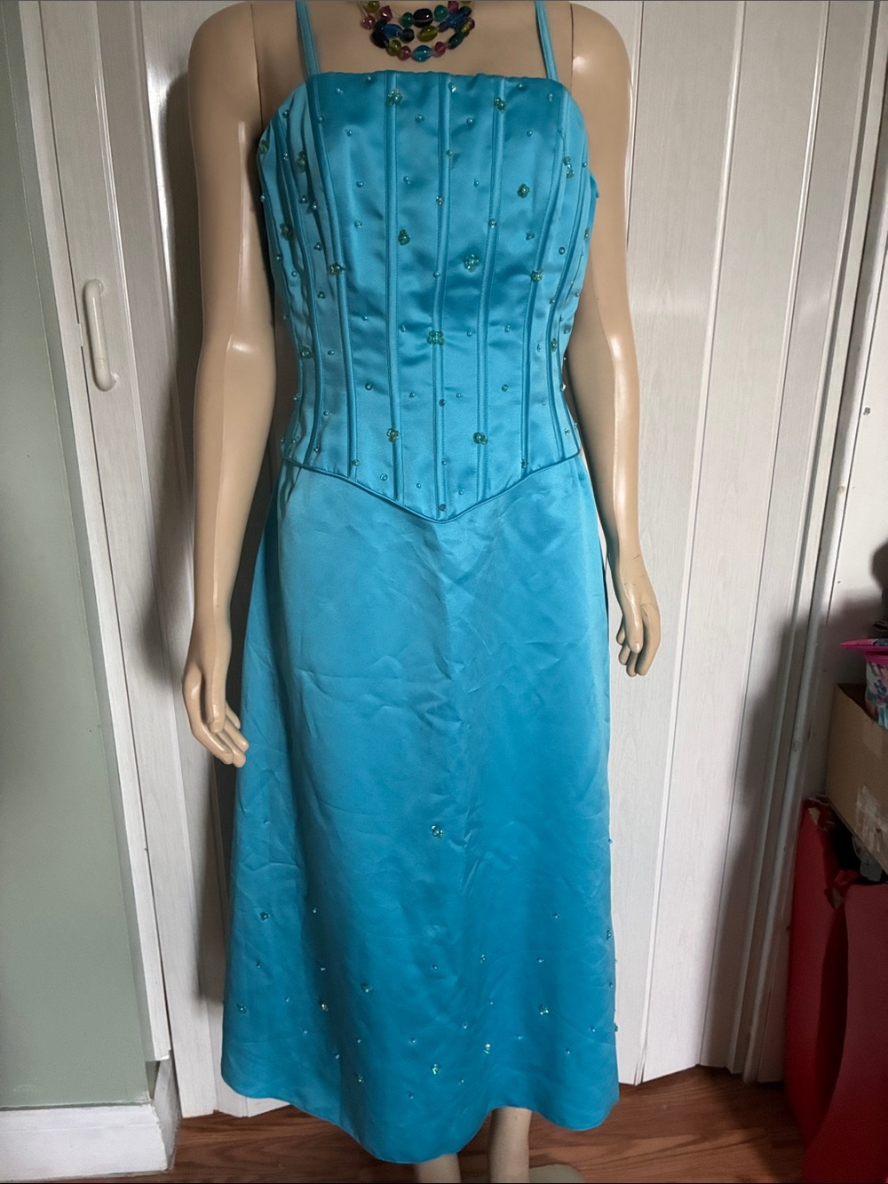 Turquoise Beaded Spaghetti Strap Evening Dress